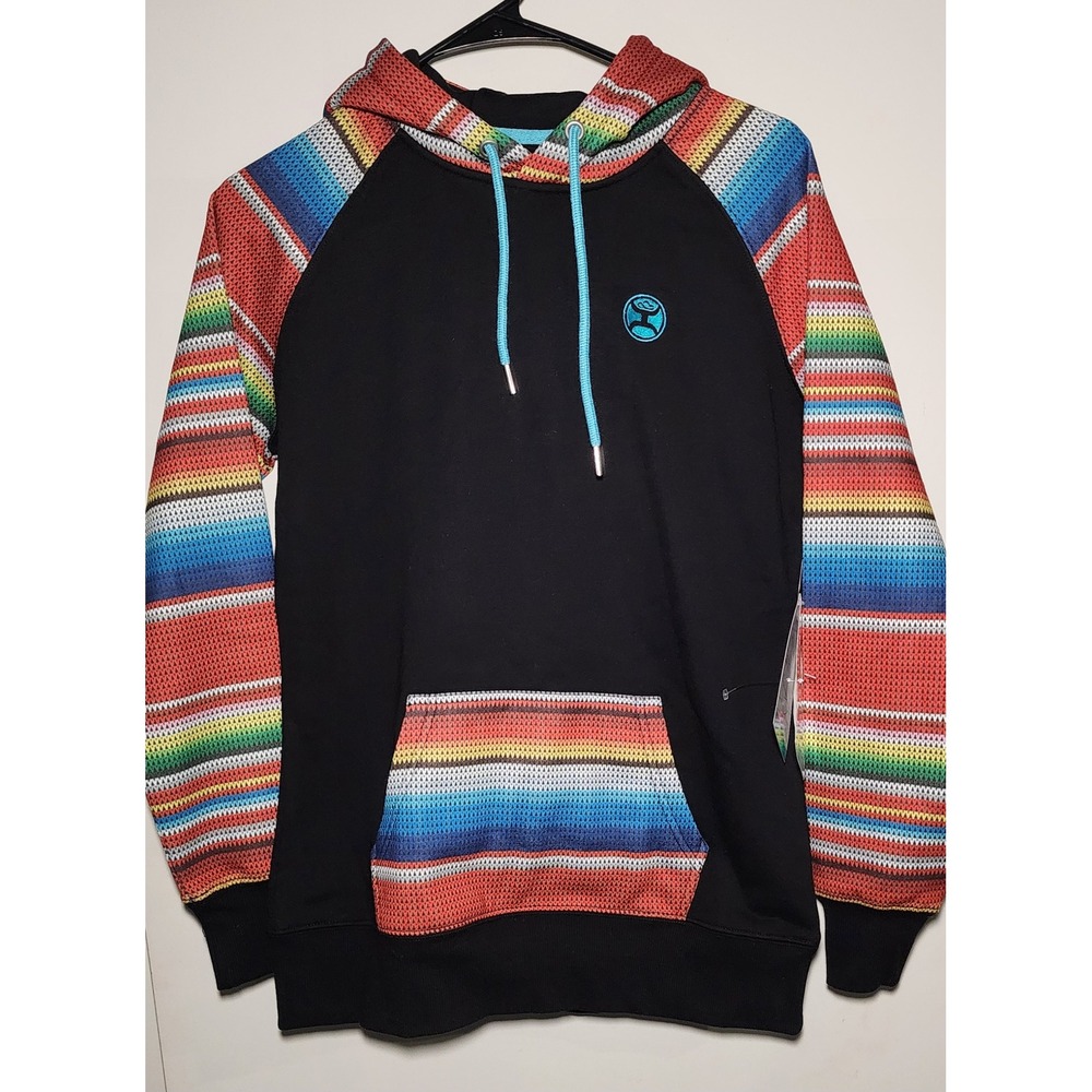 HOOEY Tijuana Ladies Small Black Hoody Aztec Stripe Raglan Sleeve Turquoise Logo